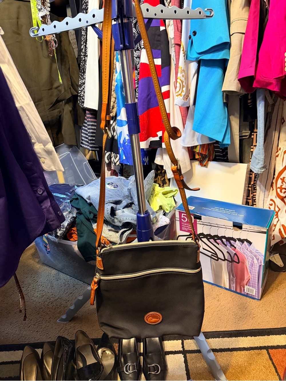 Dooney & Bourke Black Crossbody with Tan Straps
